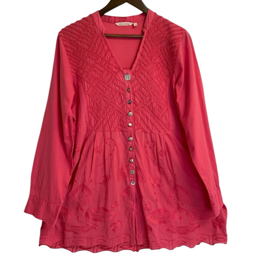 Soft Surroundings Cotton Top Large Embroidered Alka Tunic Long Sleeve